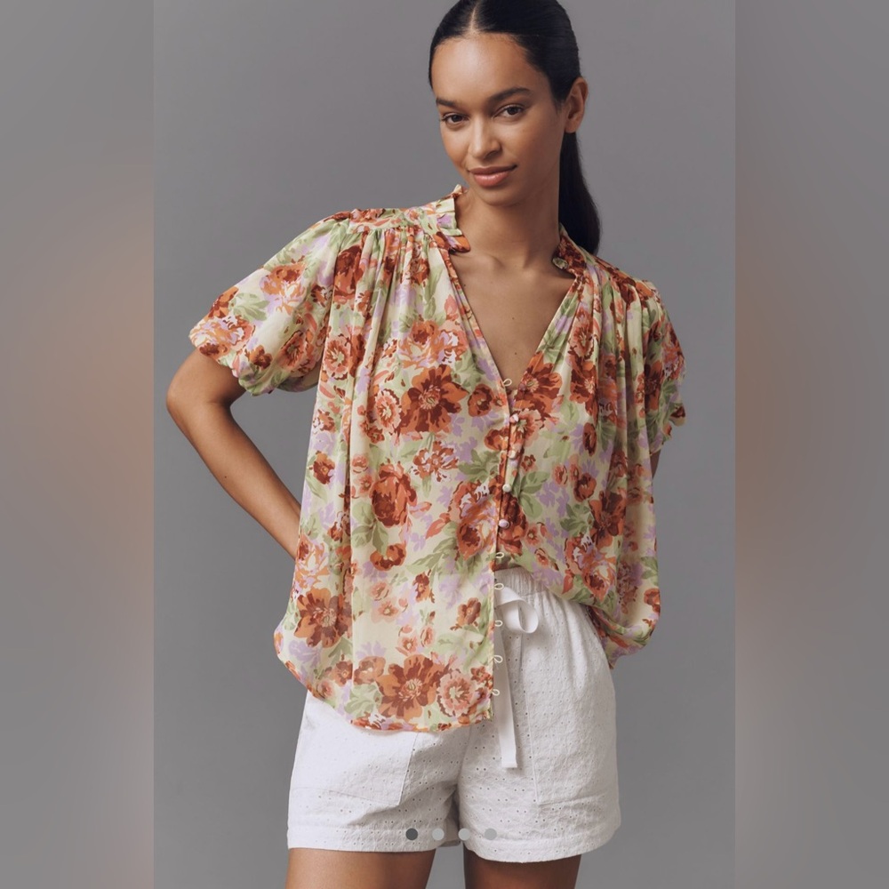 Anthropologie Floral Button-Front Puff Sleeve Blouse in Cream, Rust & Green